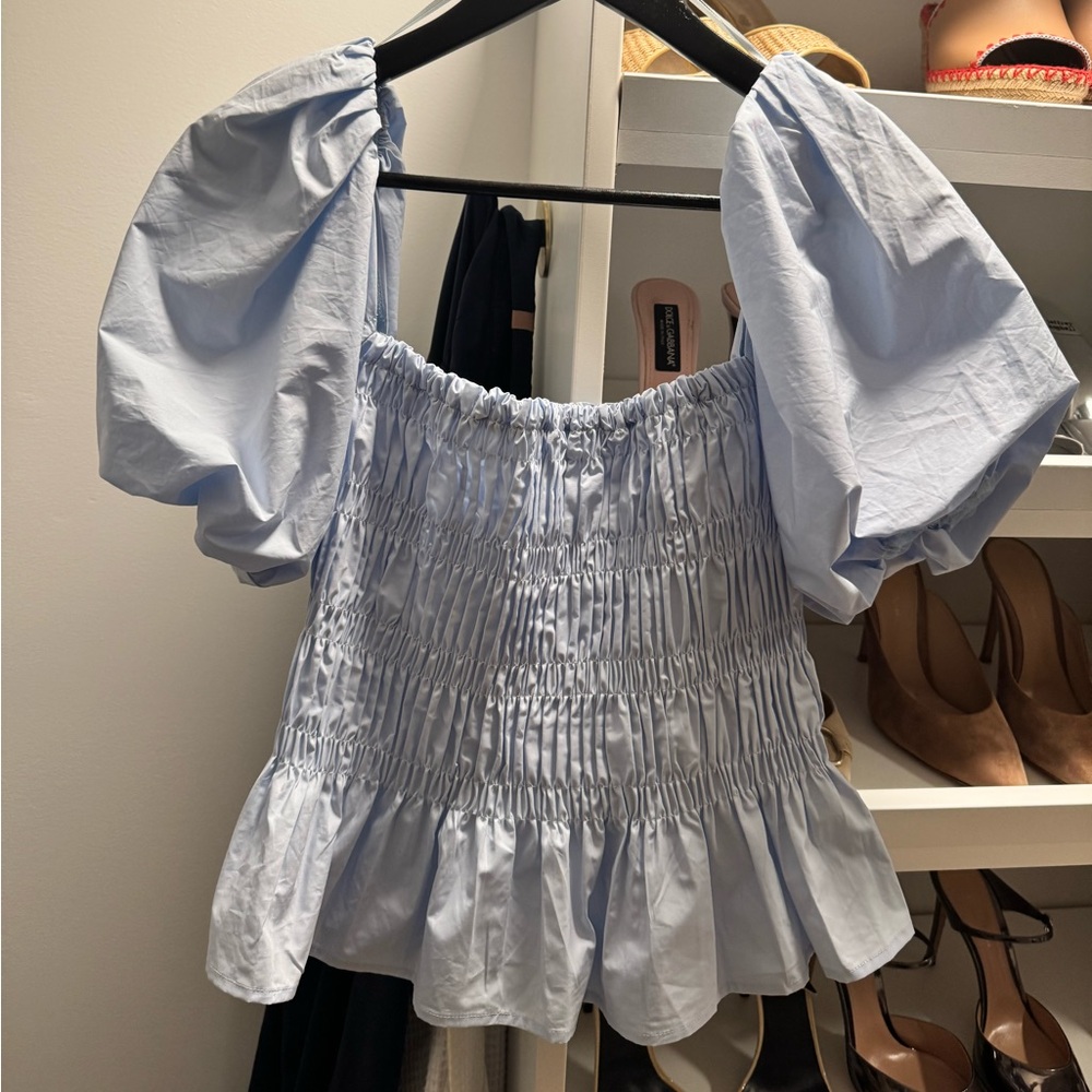 ASTR the label Light Blue Smocked Puff Sleeve Top